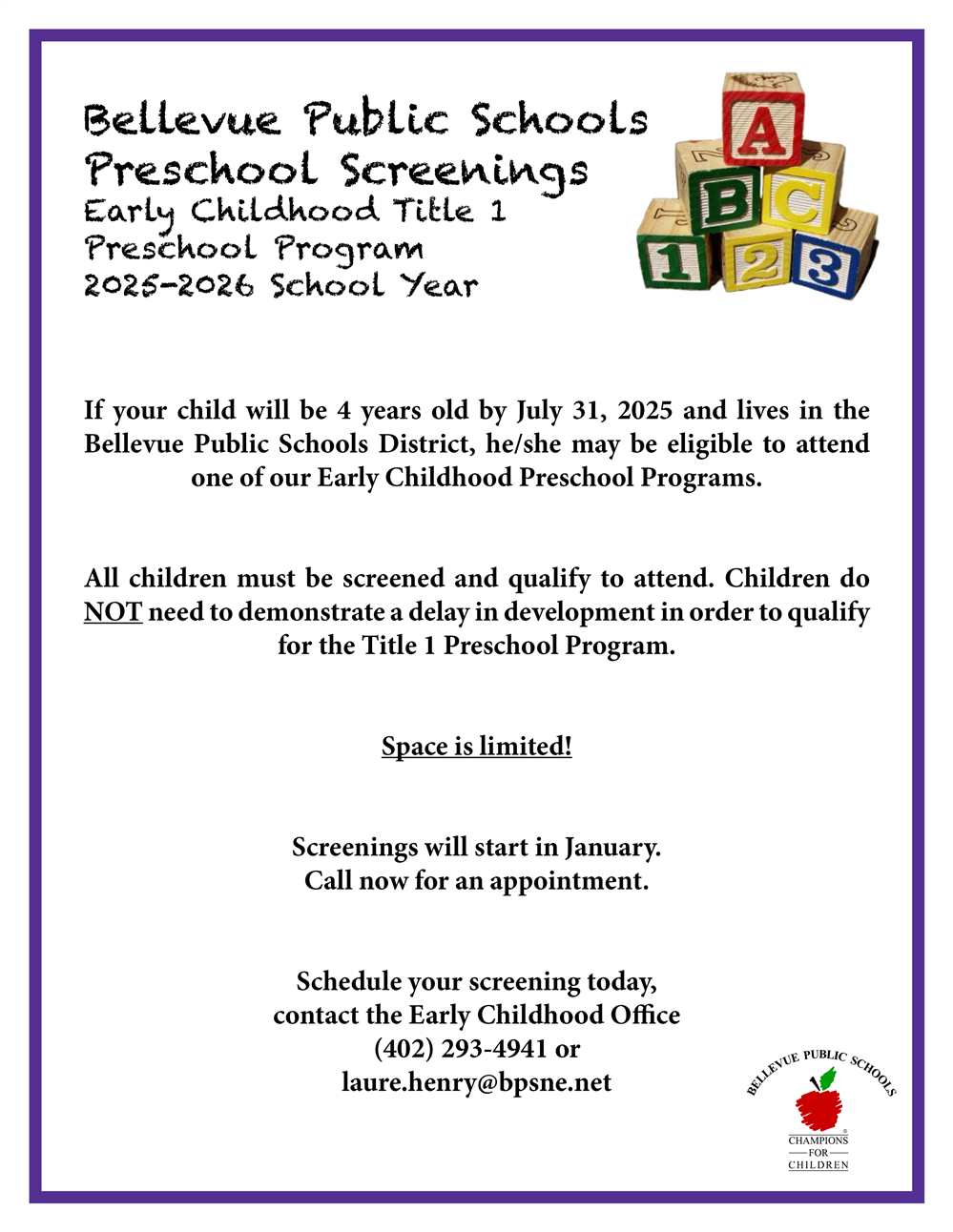   BPS Preschool Screenings Early Childhood Title 1 Program 2025-26